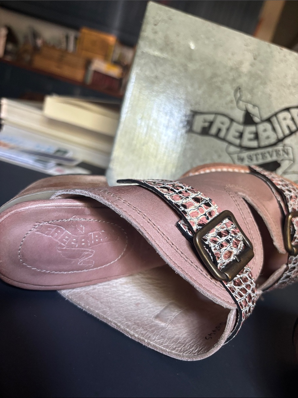 Freebird Caprice by Steven Tan Leather Buckle Slide Heels with Snakeskin Accents - Picture 6 of 9